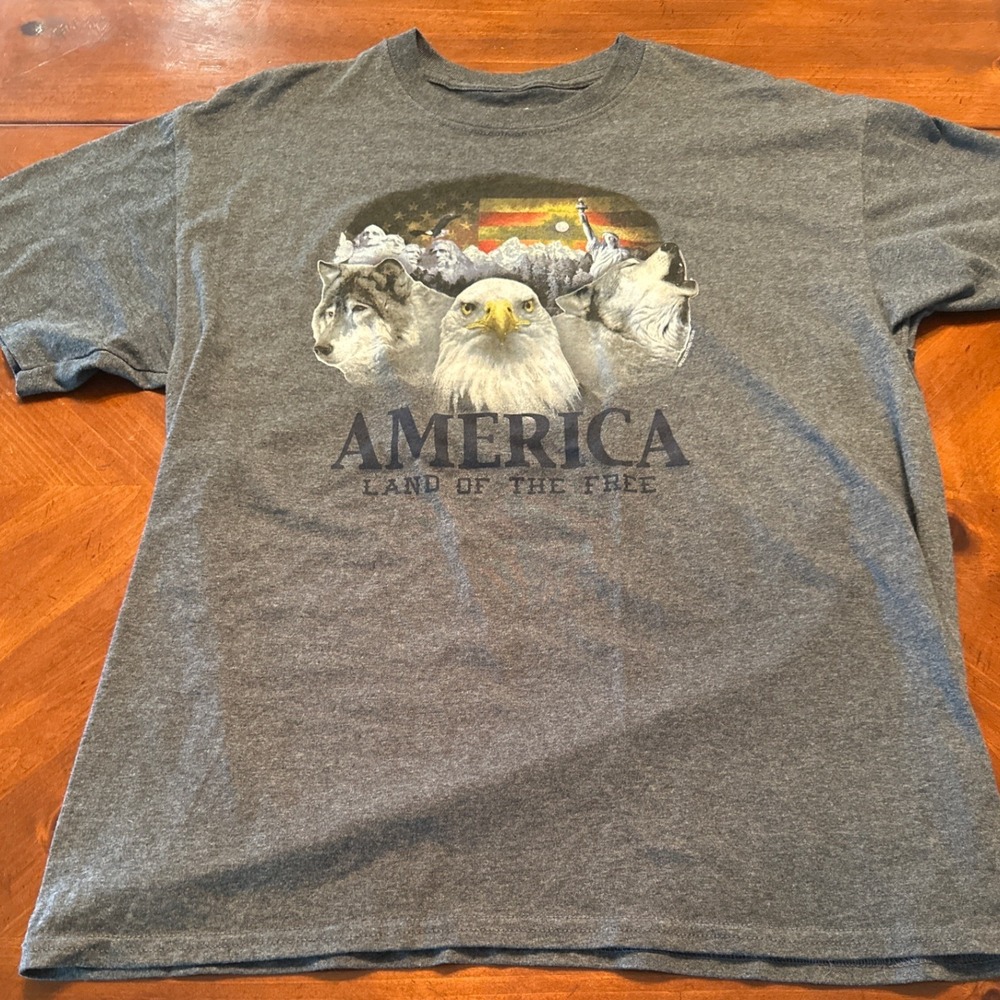5 Star America Graphic Tee Mens Large Gray Excellent Bald Eagle Wolf Patriotic